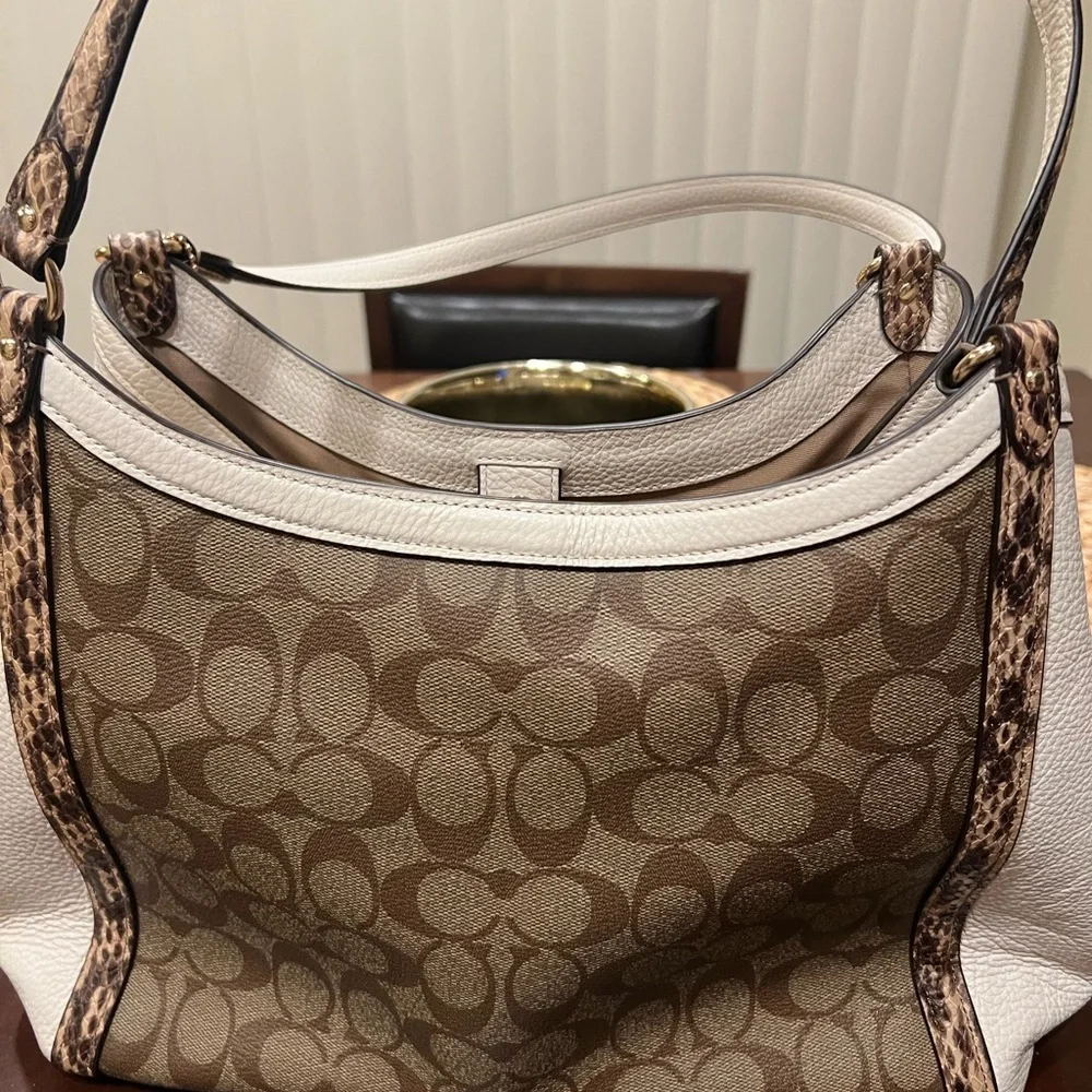 Coach Signature Canvas Hobo in Tan and Cream with Leopard Trim